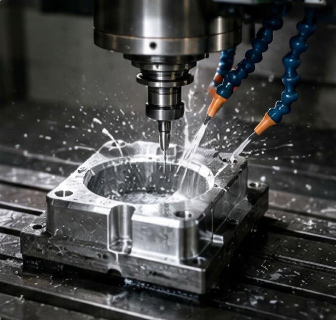 Centro de mecanizado CNC fresando una pieza con refrigeración